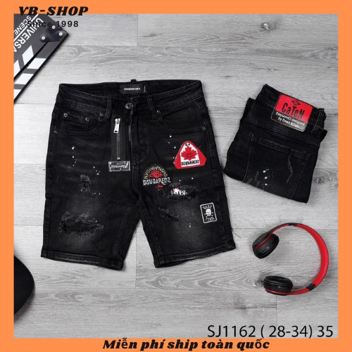 Quần short jean nam màu xám đậm, vải dày dặn co giãn thêu nổi mix khóa giả độc lạ 002