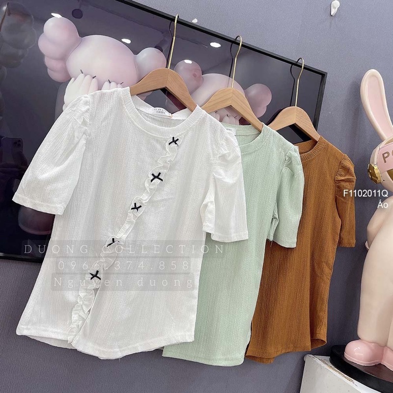 Áo kiểu phối viền bèo đính nơ xẻ lai trước cổ tròn tay ngắn a1102