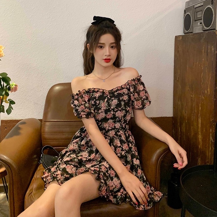 Đầm Perty trễ vai họa tiết hoa thời trang mùa hè Hàn Quốc dành cho nữ