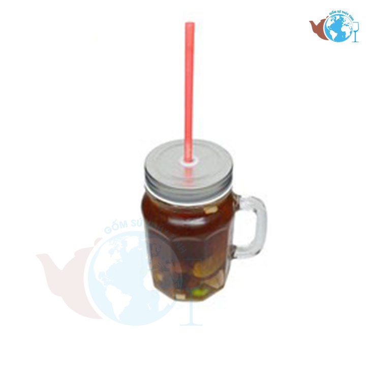 Ly thủy tinh 10 cạnh có quai có nắp 450mL / Cốc có quai thủy tinh có nắp đậy