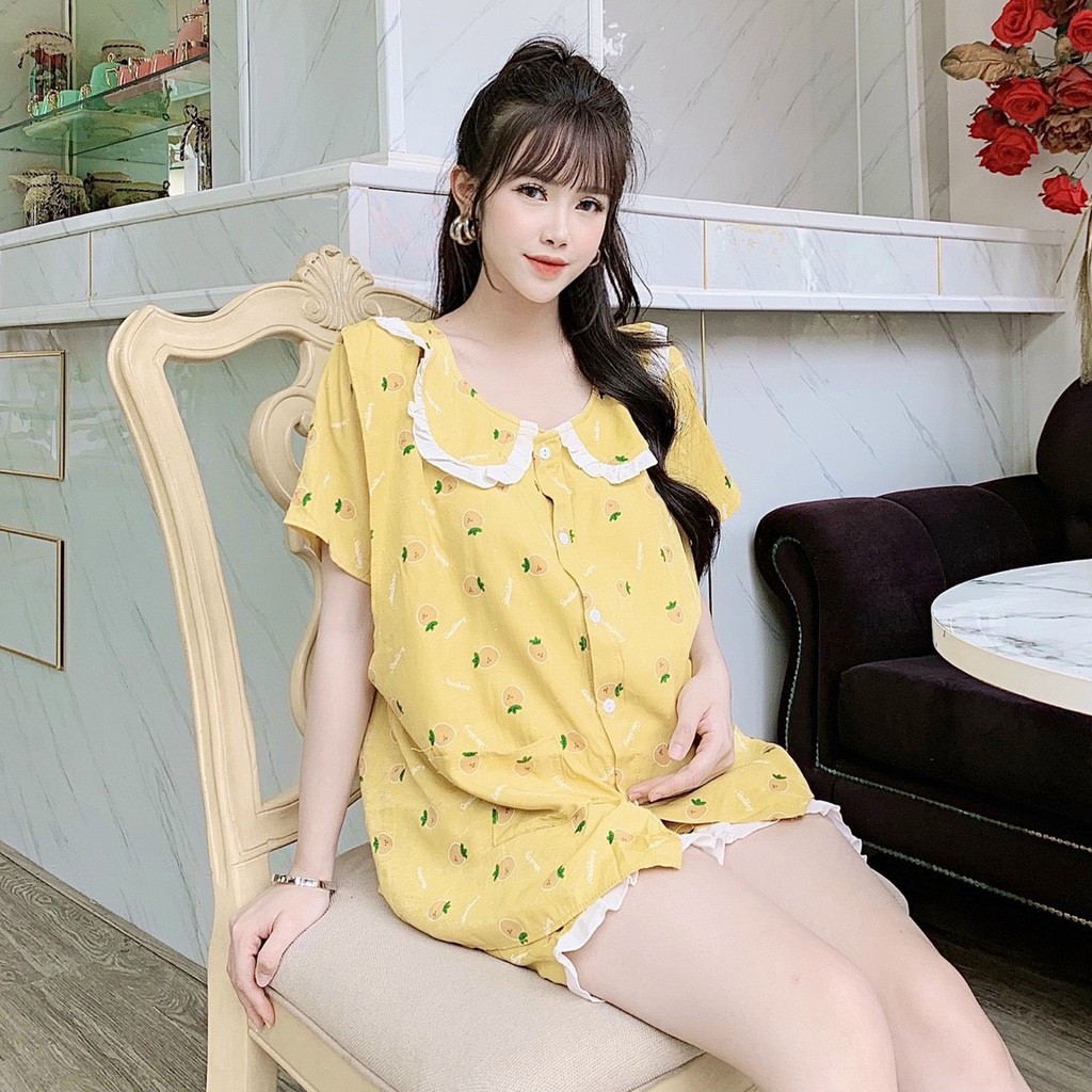 Đồ bộ bầu ĐÙI_VIỀN REN CỔ BÈO có vén ngực cho bé ti chất đũi mềm mát free size dưới 68kg BĐ829