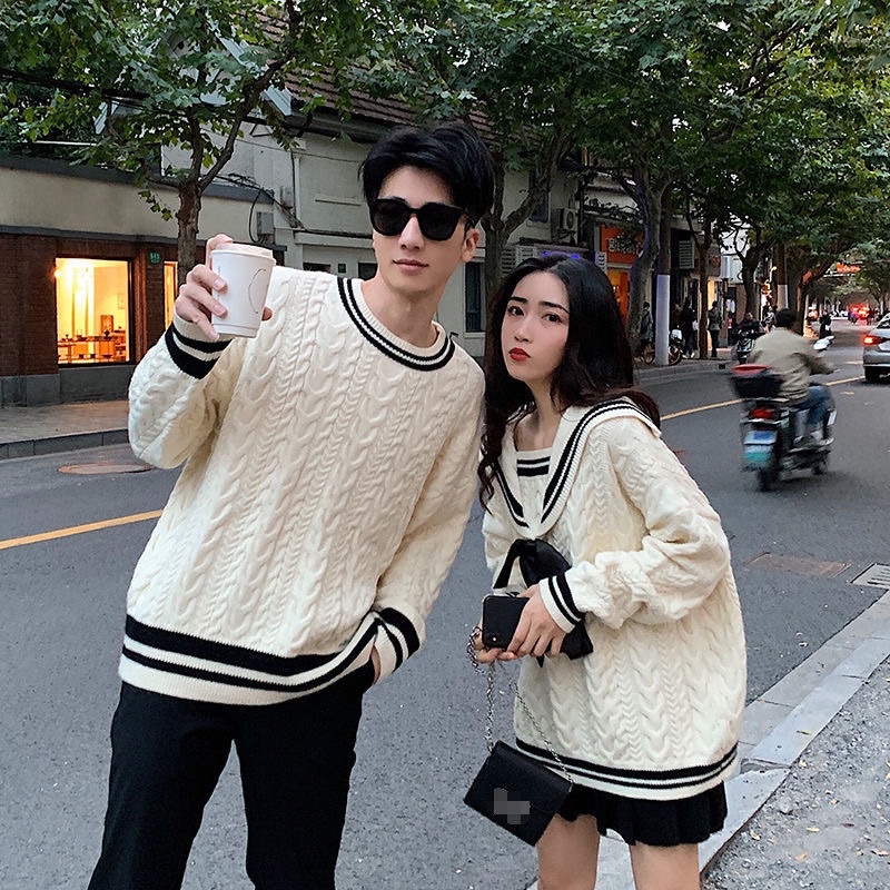 Đồ Đôi Couple Áo Len Vặn Thừng Áo Nữ Dáng Thuỷ Thủ Cổ Sen Rộng Áo Nam Cổ Tròn
