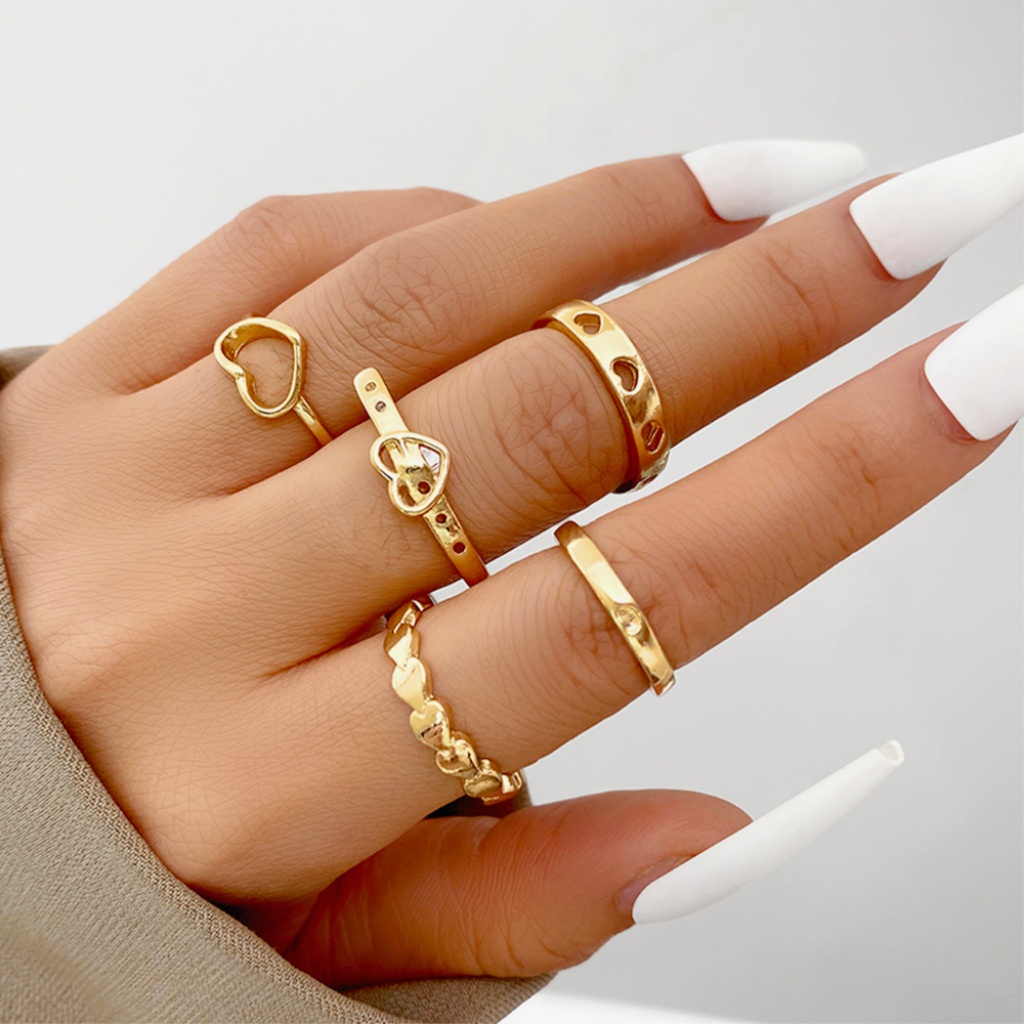 Set 5 Nhẫn Hở Họa Tiết Hình Trái Tim Thời Trang Cho Nữ