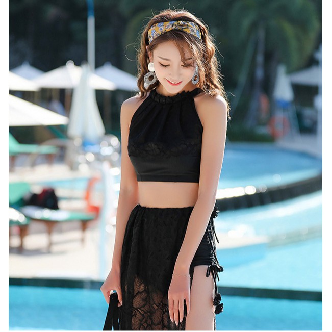 Bikini 2 mảnh yếm ren Cao Cấp BKN8513 ❣️[FREESHIP]❣️Set đồ bơi 2 mảnh kèm choàng Quần cạp cao