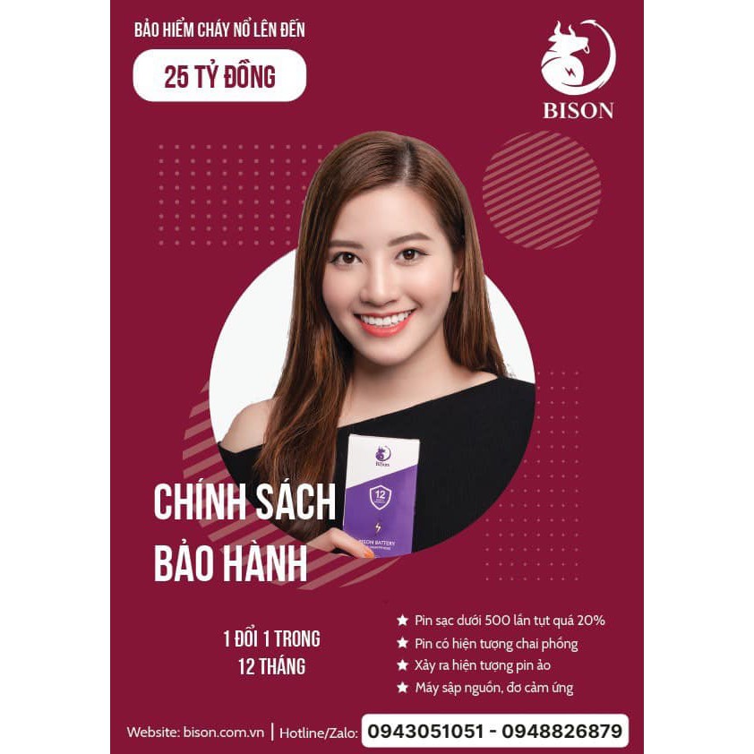 Pin Bison - Pin Chất Lượng Chuẩn Nhất Cho iPhone - BH 12 tháng + Bảo hiểm cháy nổ 25 tỷ (tặng kèm keo dán pin)