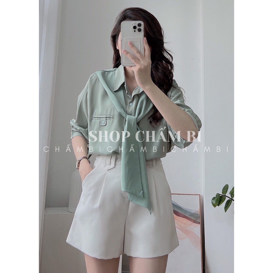 Áo sơ mi style Hàn Quốc A.333, Áo kiểu cộc tay cổ khăn quàng phong cách đơn giản ngọt ngào - Thời trang shop Chấm Bi