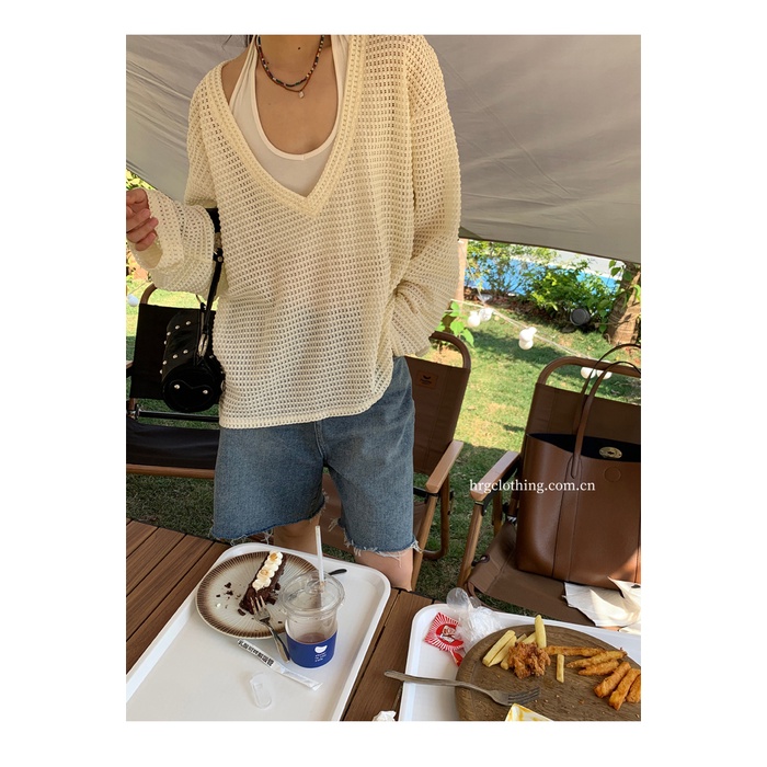 Áo ZHELIHANGFEI vải dệt kim tay dài cổ chữ V dáng rộng quyến rũ dễ phối đồ