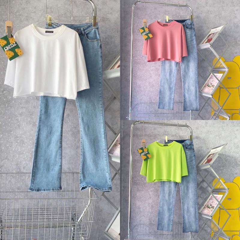 Set Áo Croptop Rộng Tay Lở Trơn Quần Jeans Suông Ảnh Thật