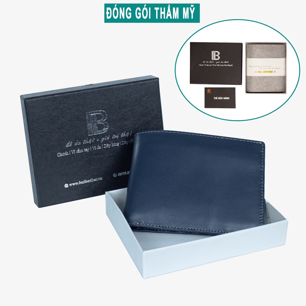 Ví da bò nam V103 cao cấp, bóp nam da nappa màu xanh navy-Da thật, full hộp làm quà tặng- Bụi leather-BH 24 tháng