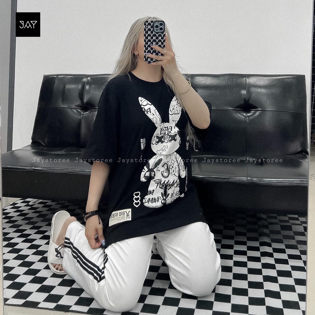 Áo Thun Tay Lỡ Unisex THỎ GRAVITY màu ĐEN  /Nam nữ unisex/ Áo phông cổ tròn form rộng Jejul.store
