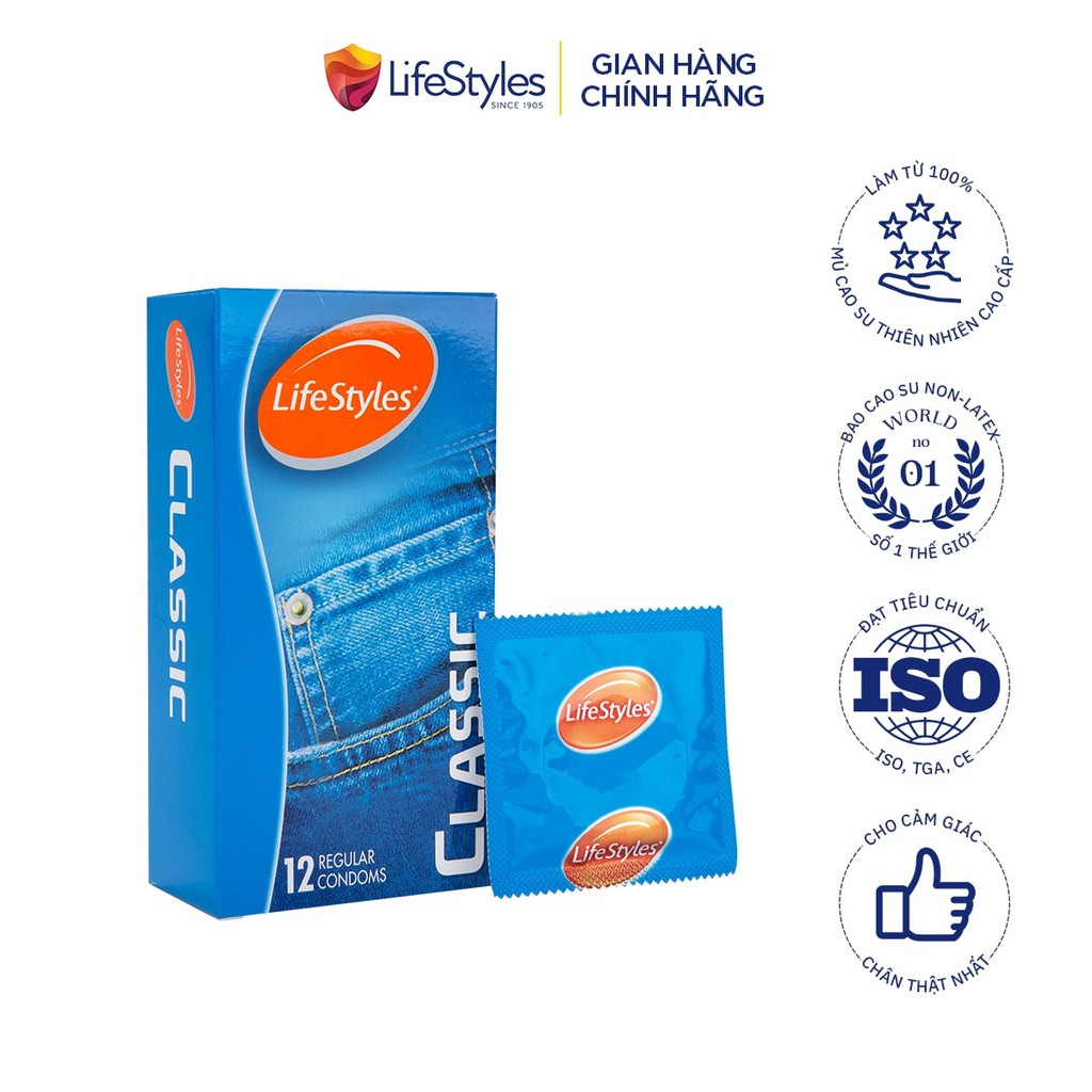 Bao cao su LifeStyles Classic thiết kế mỏng ôm sát cao cấp 12 bao