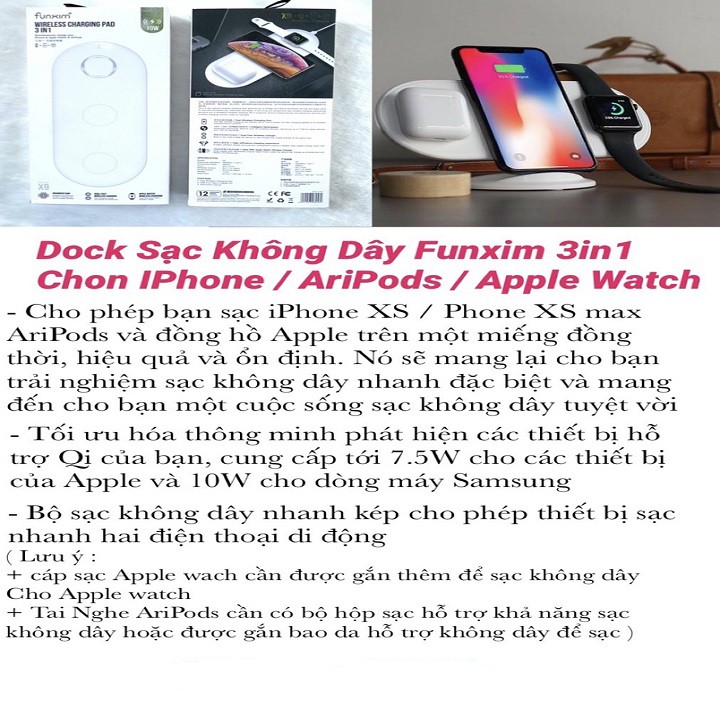 Dock sạc không dây Funxim 3in1 cho iPhone, AriPods, Apple Watch