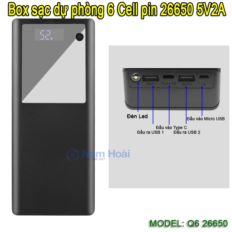 Box sạc dự phòng 6 cell pin 26650 sạc nhanh QC, PD, VOOC 3.0 tháo lắp dể dàng bằng ốc vít