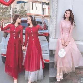 Set áo dài cách tân đỏ, hồng kèm chân váy voan trắng