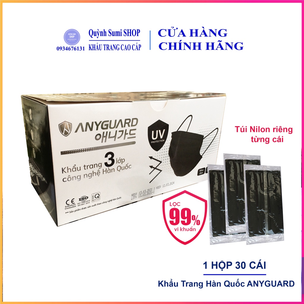 Khẩu Trang Y Tế 3 Lớp Màu Đen Anyguard Hàn Quốc Chính Hãng - Lọc 99% Vi Khuẩn, UV Protection (Hộp 30 Cái)