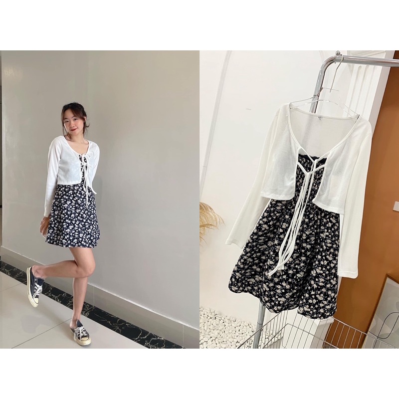 Set váy 2 dây dáng xoè kèm áo cardigan trắng