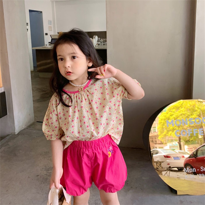 Bộ Áo Tay Phồng Ngắn + Quần Sooc Thời Trang Mùa Hè Hàn Quốc Cho Bé Gái
