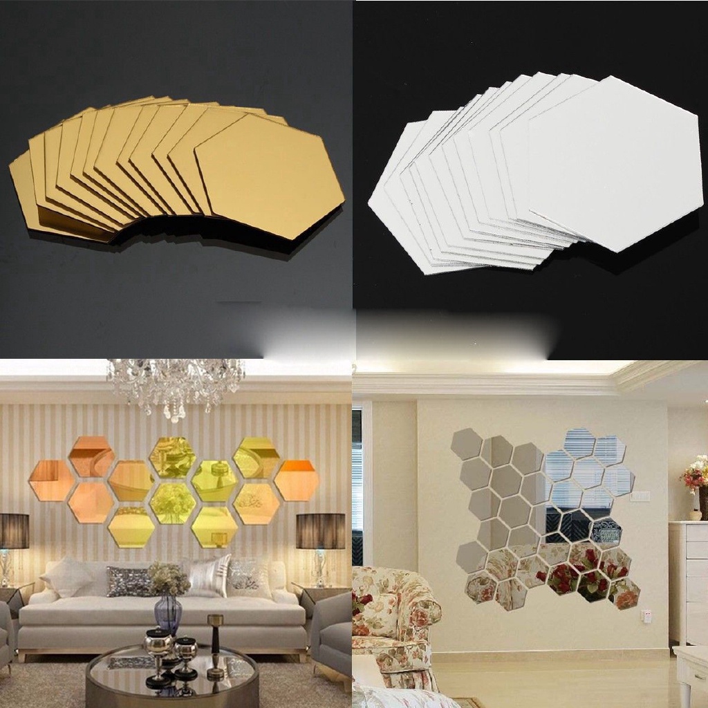 Bộ 12 Miếng Dán Tường Tráng Gương Hình Lục Giác 3D Màu Vàng / Bạc Họa Tiết Tổ Ong Độc Đáo Trang Trí Nhà Cửa / Văn Phòng / Phòng