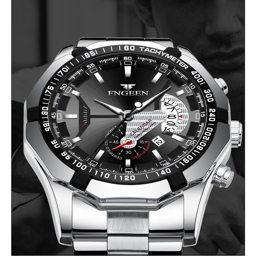 Đồng hồ nam FNGEEN FN02 dây thép không gỉ 3 kim có lịch chống nước cao cấp mặt kính chống xước | BigBuy360 - bigbuy360.vn