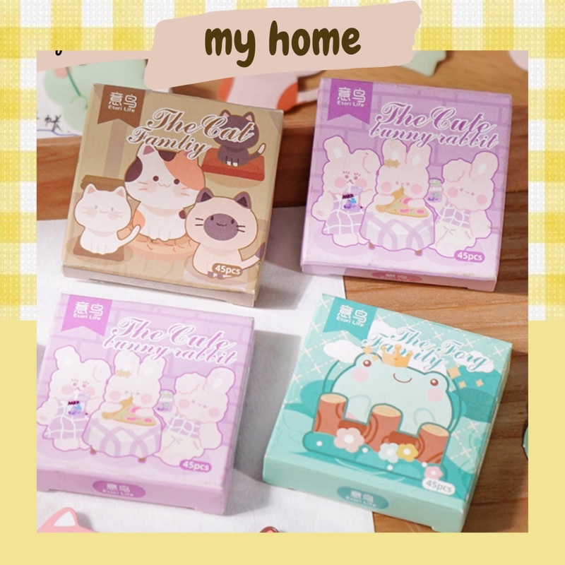Hộp 45 miếng dán sticker dễ thương hình động vật gấu, mèo, ếch