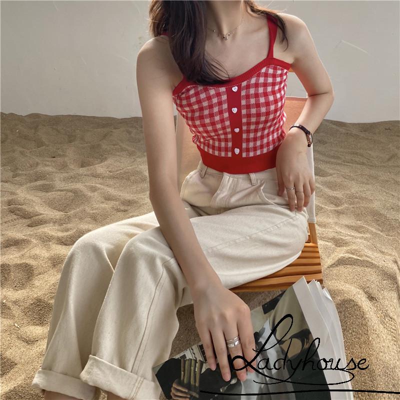 Ld-áo Dệt Kim Hai Dây Không Tay Cài Nút Kẻ Sọc Caro Cổ Điển Cho Nữ