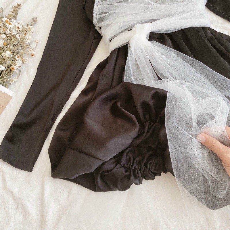 ĐẦM ĐEN XOÈ BỒNG CỔ VUÔNG PHỐI LƯỚI CHÉO | BigBuy360 - bigbuy360.vn