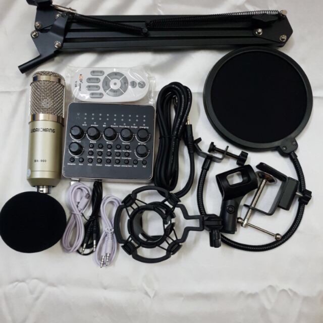 Combo mic hát livestream karaoke V10- BM900- chân kẹp màng lọc- BH 6 tháng