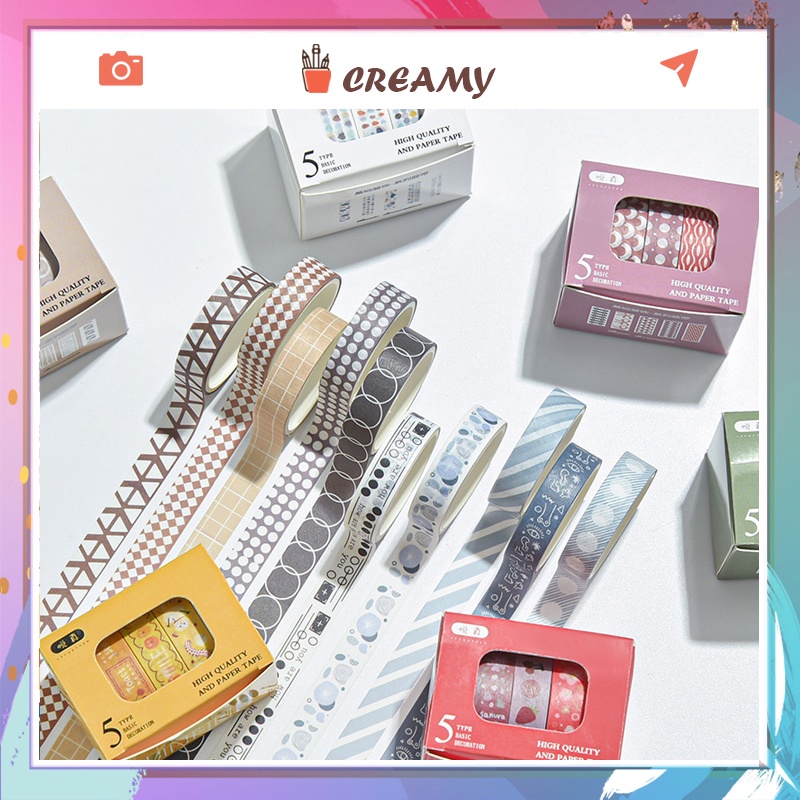 [Mã LIFEBOOK2 giảm 10% đơn 0Đ] Băng dính washi tape hộp 5 cuộn washi tape nhiều hình dễ thương CREAMY WST01