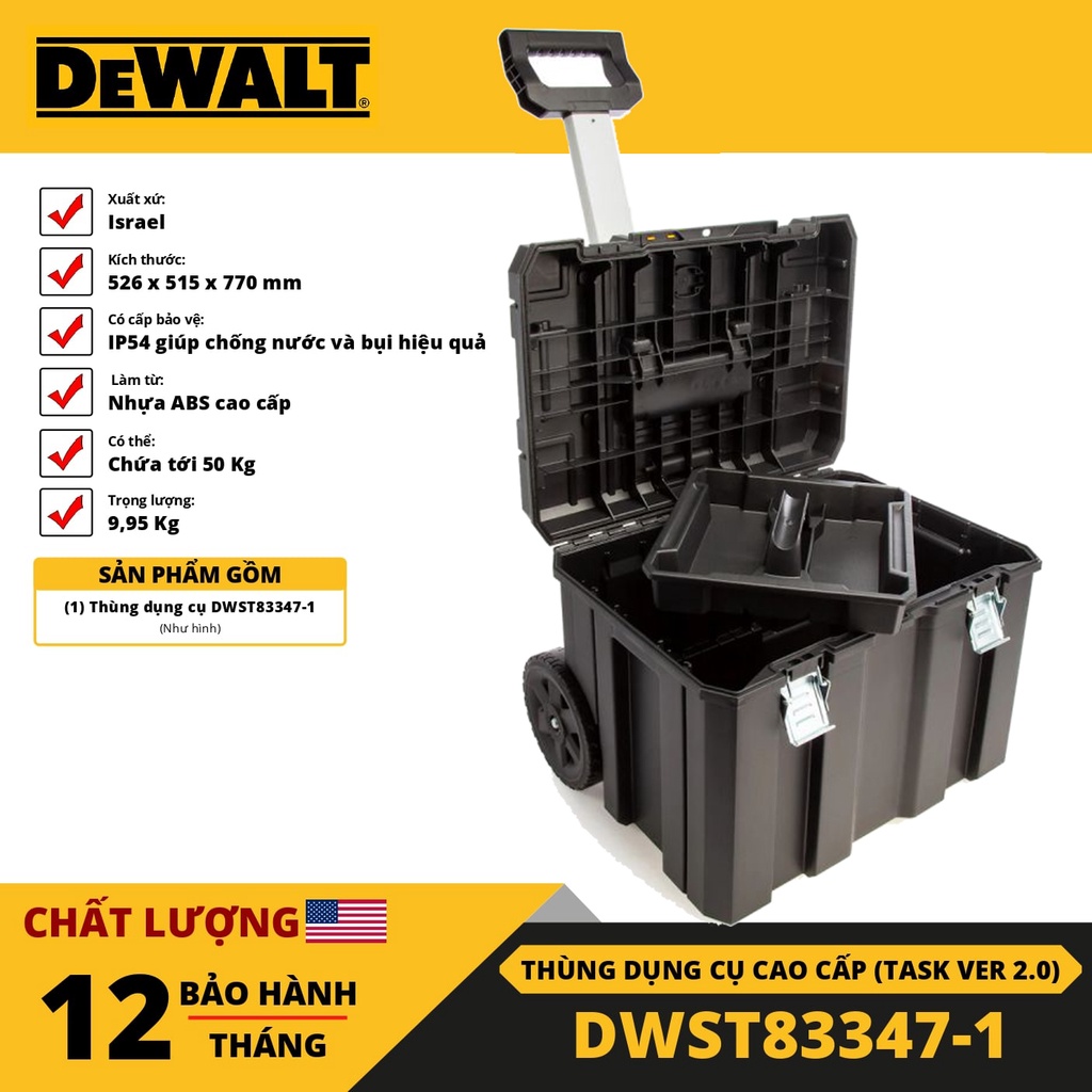 Hộp dụng cụ có tay kéo Dewalt DWST83347-1 | kích thước 526 x 515 x 770 mm, chất liệu nhựa ABS [CHÍNH HÃNG][XTOOLs]