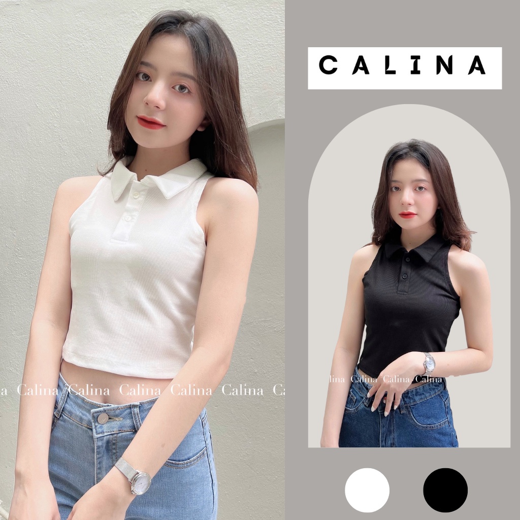 Áo croptop nữ cổ đức sát nách ôm body Calina hai màu đen trắng form dưới 52kg mã aopolocrt53