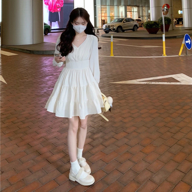 Đầm Tay Dài Cổ Chữ V Thiết Kế Mới Thời Trang Theo Phong Cách Pháp