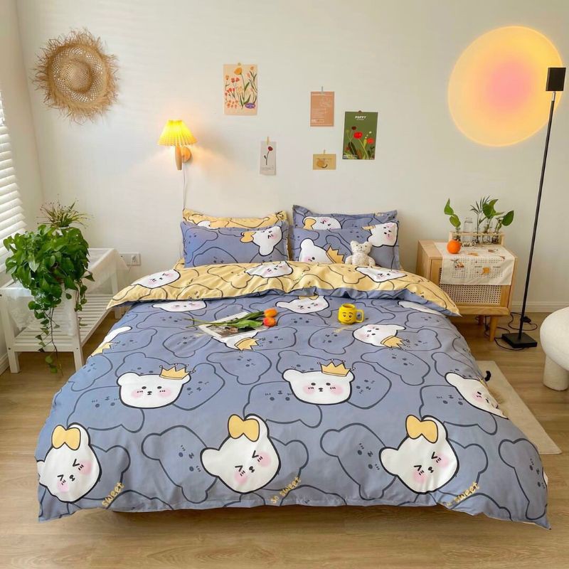 Bộ Chăn Ga Gối Cotton Poly Mèo Mặt Trắng Mặt Xanh Cute