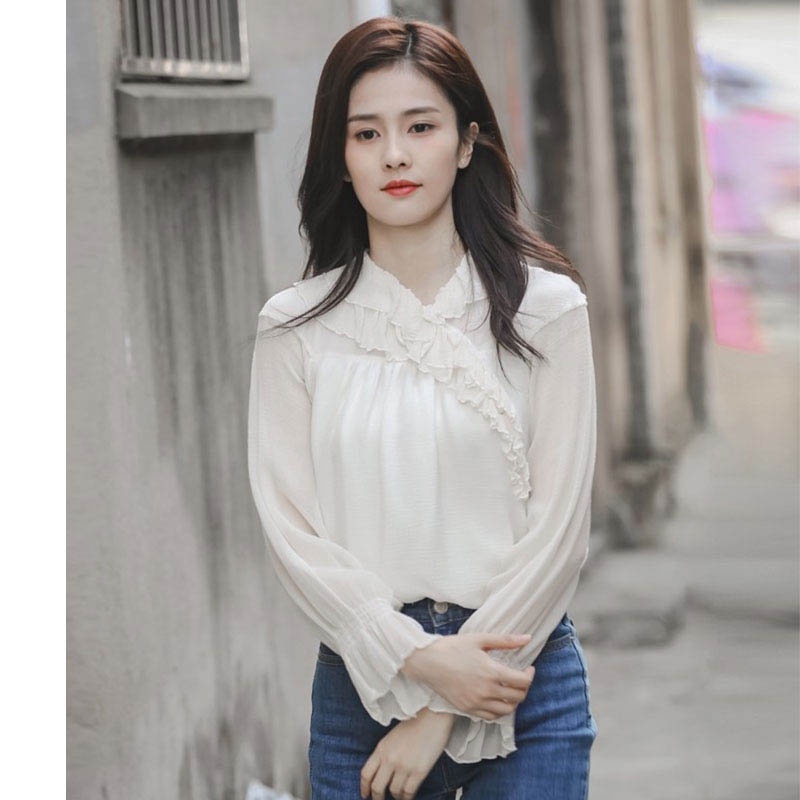 Có ảnh thật-Áo sơ mi voan tay bèo Bạch Lộc kiểu dáng blouse sang trọng