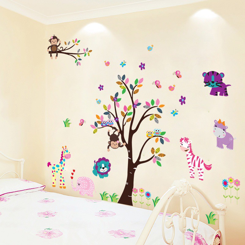 Decal Dán Tường Hình Vườn Thú Vui Nhộn - Trang Trí Decor Phòng Ngủ, Phòng Khách - Min STORE