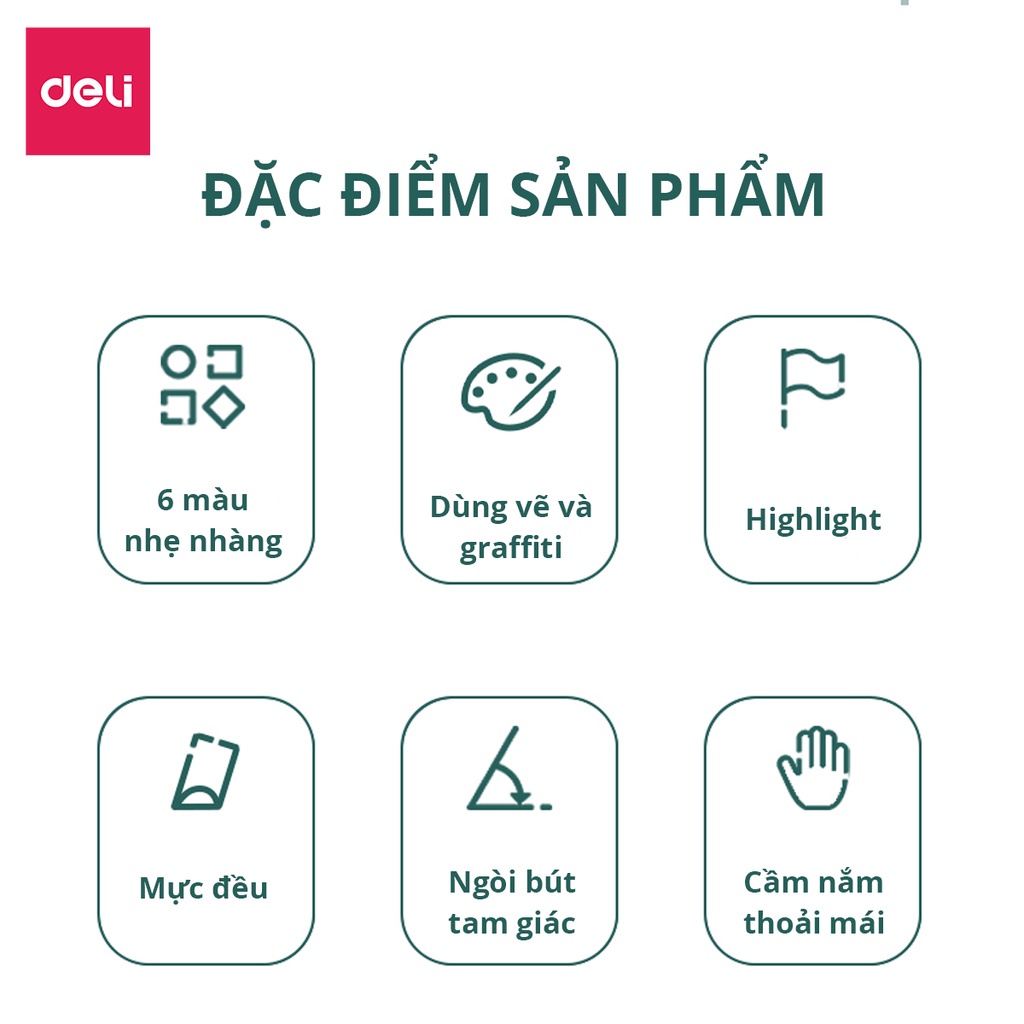 [Mã LIFEDELI20K5 giảm 20K đơn 0Đ] Bút highlight dạ quang ghi nhớ dấu dòng Deli hộp 6 chiếc - 33002