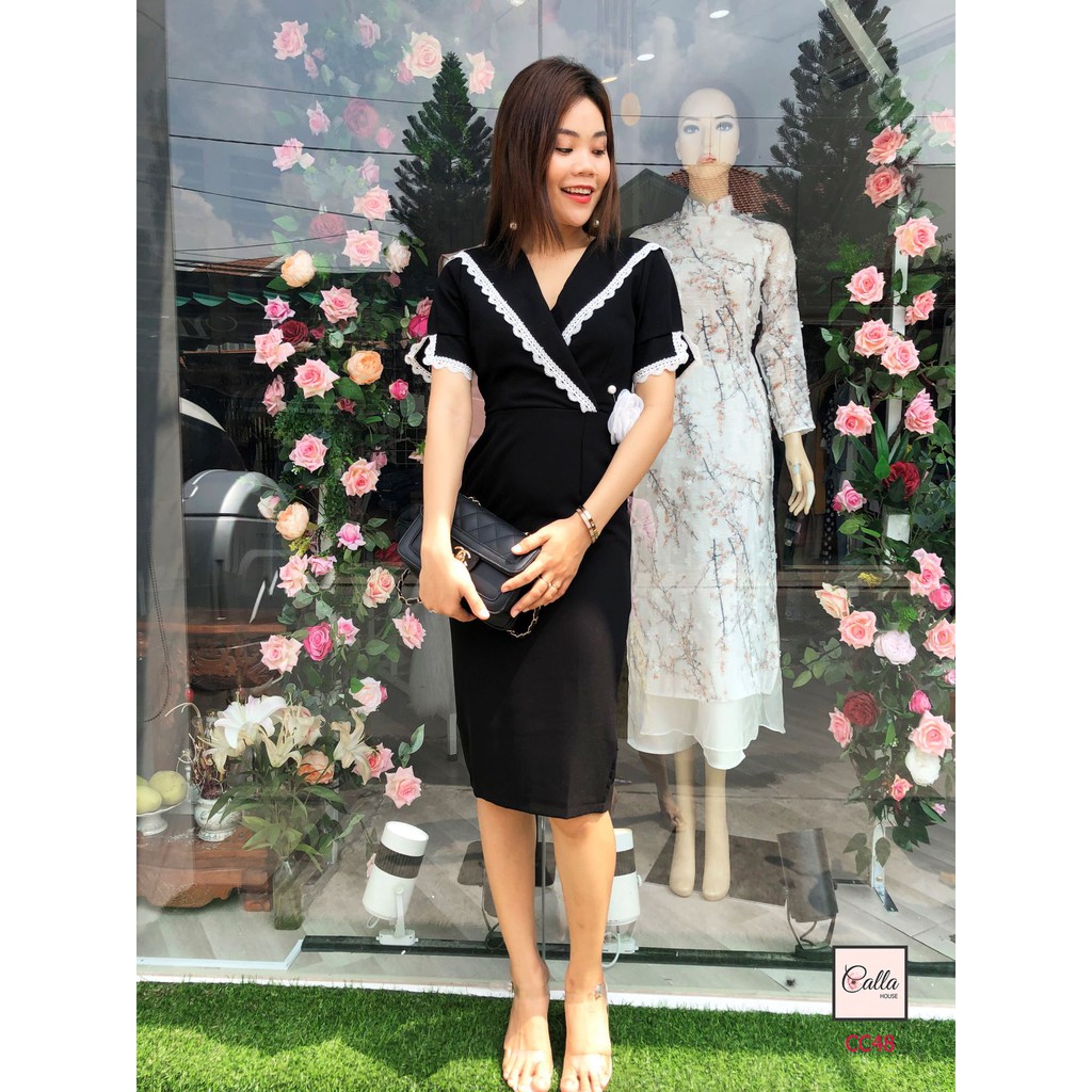 Đầm body cổ V viền ren kèm tag hoa Callene (CC48)