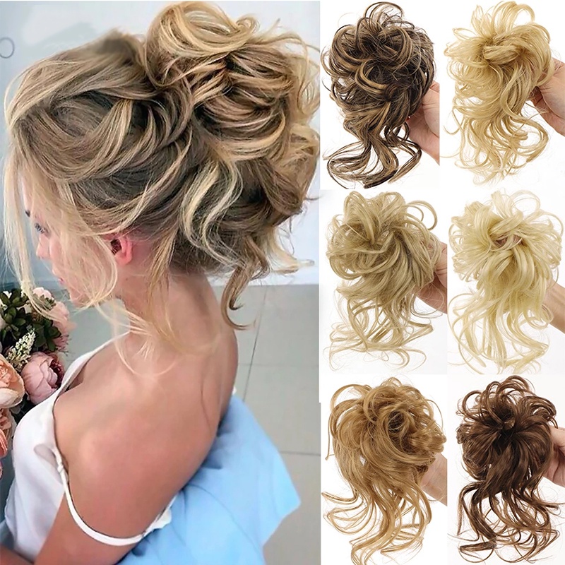 Búi tóc giả WIGSIN kiểu xoăn bằng sợi tổng hợp có dây cao su