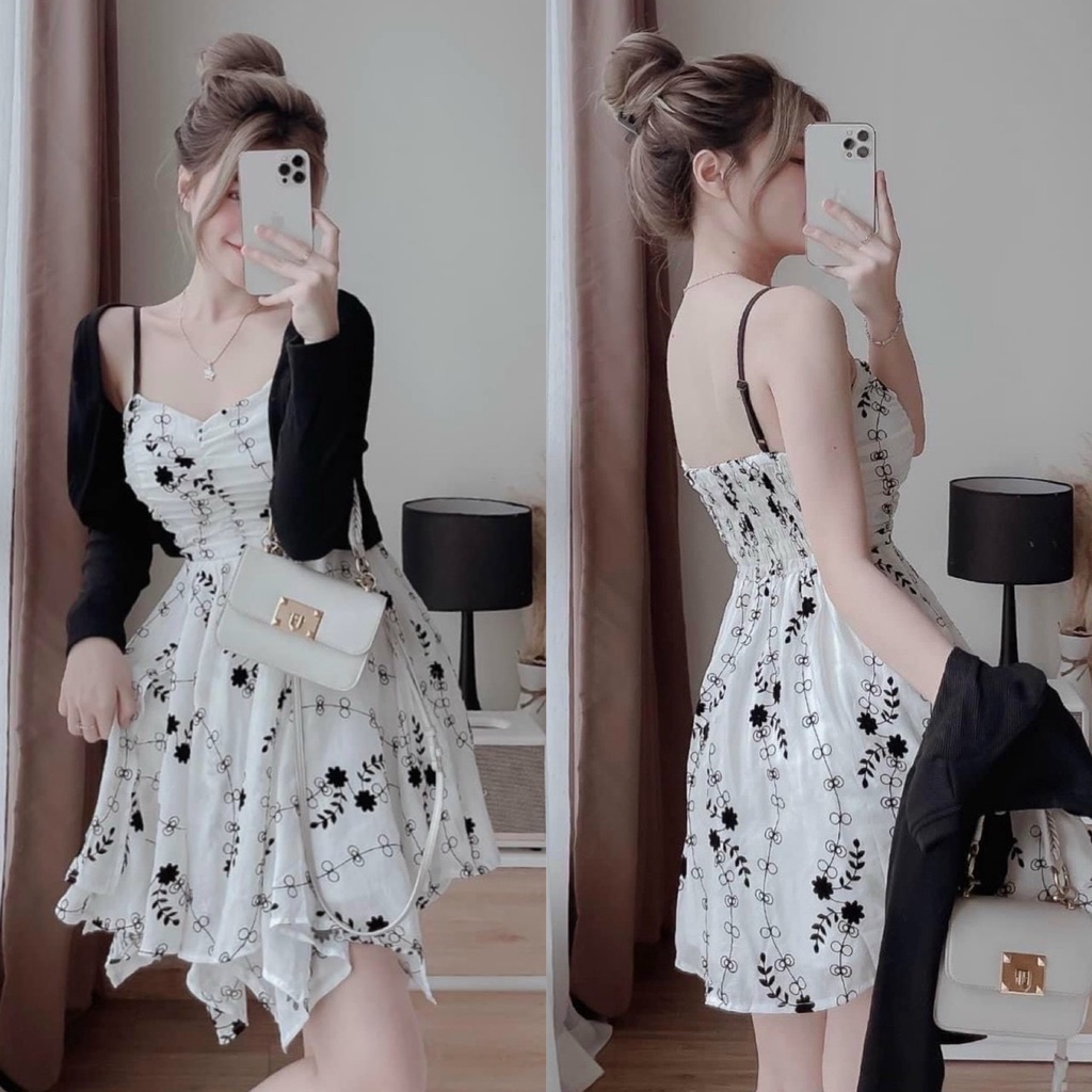 Sét áo khoác kèm đầm voan in họa tiết 1 màu như hình phù hợp cho nàng dự tiệc dạo phố