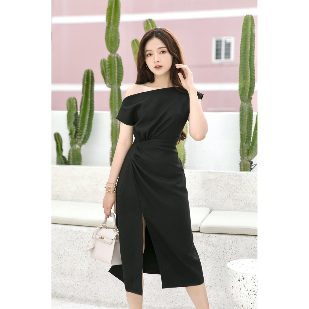 Đầm dài cổ lệch Oversized xếp nhún 1 bên eo tà trước xẻ hở [TY9] | BigBuy360 - bigbuy360.vn