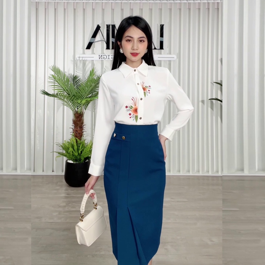 Lamia Design Áo Sơ Mi Thêu Phối Chân Váy Tinh Tế
