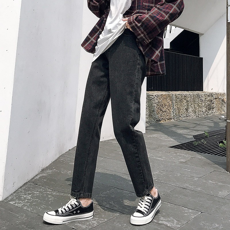 Quần baggy jean trơn cạp cao màu xám khói chất dày dặn phong cách ulzzang cao cấp
