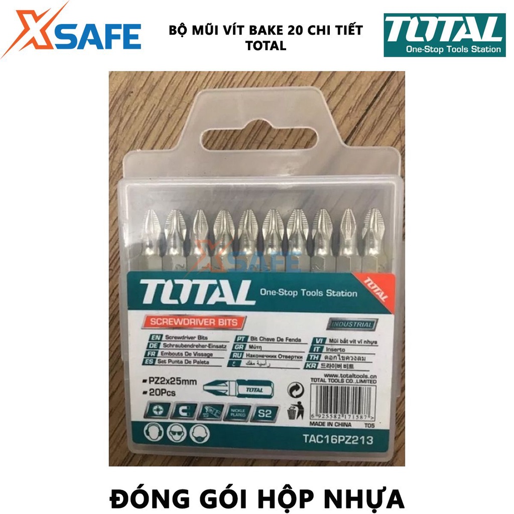 Bộ mũi vặn vít TOTAL kích thước PZ2 x 25-50mm, chất liệu thép công nghiệp S2 không gỉ, mạ niken từ tính