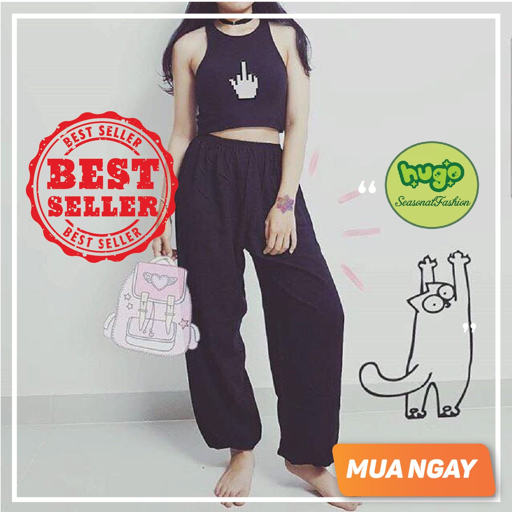 Quần Alibaba 🌈Màu đen 🌈 quần lanh một màu đen trơn phom to ống bo nam nữ 40 - 80kg | BigBuy360 - bigbuy360.vn