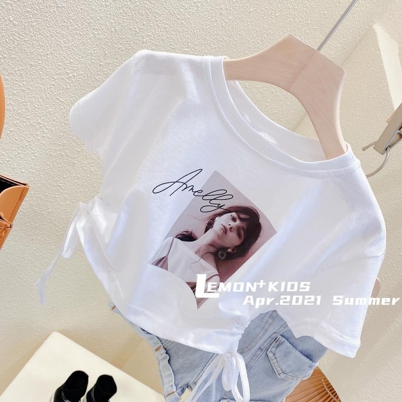 Áo Thun Cotton Ngắn Tay Lưng Cao Phối Dây Rút Thời Trang Cho Bé Gái