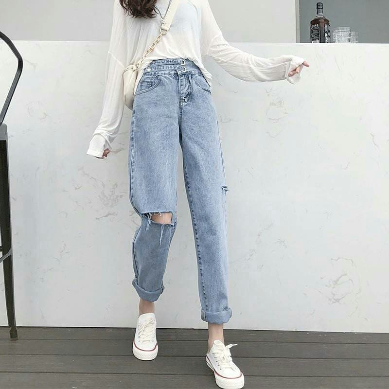 QUẦN BAGGY JEAN NỮ LƯNG CAO 2 KHOEN DÂY RÁCH BE TRÁI CAO GỐI PHẢI MÀU XANH NHẠT LAI CUỐN NITI2 ĐỦ SIZE S, M, L