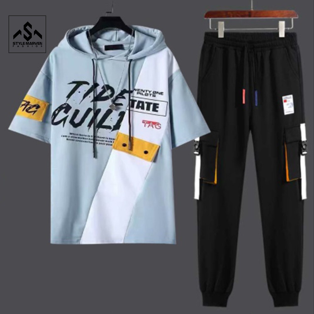 Bộ quần áo thun nam ngắn tay STYLE MARVEN hoodie TIDE GULLI kết hợp jogger túi hộp thời trang - SET NAM 9000024