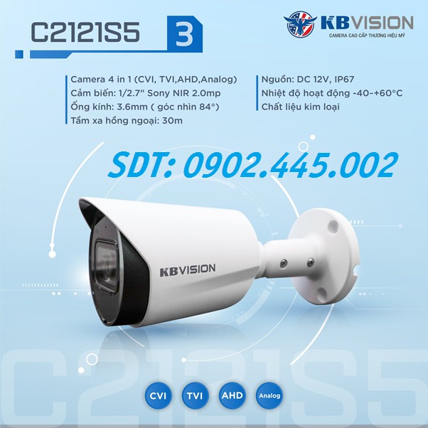 Camera Mẫu Mới Chính Hãng KBvision 2.0mp gắn ngoài trời KX-C2121S5