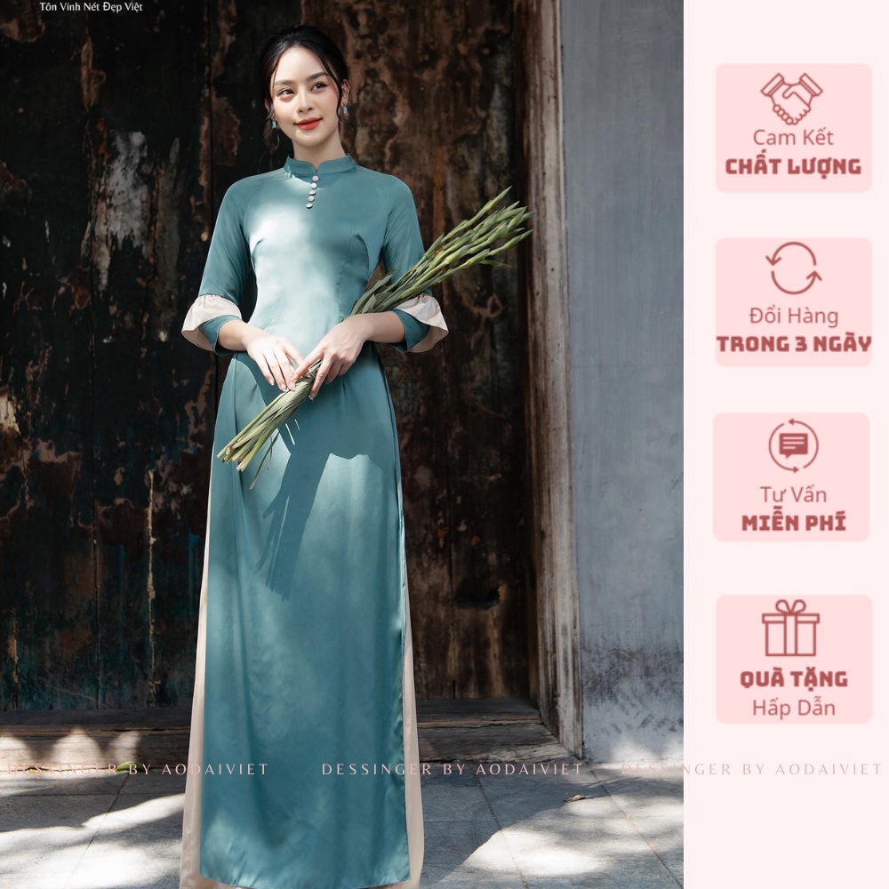 Áo Dài Thiết kế Lamia lụa ngọc nhẹ nhàng có hai màu xanh đá và màu cam nhẹ nhàng quần lụa cùng chất áo
