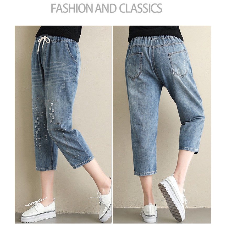 Q228 Quần bigsize quần jeans big size lưng thun phối rách bụi bụi dễ thương hiện đại