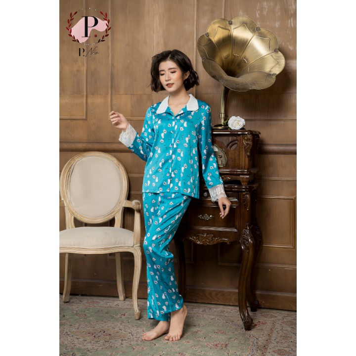 Bộ lụa Satin họa tiết cổ bẻ P.noir TĐ1907 | BigBuy360 - bigbuy360.vn